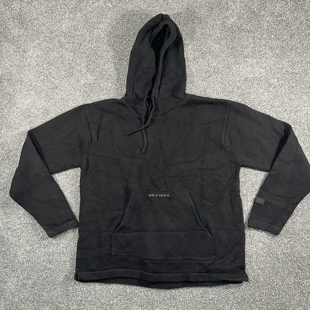 Vintage Tommy Hilfiger Mens M Black Hoodie 90s Y2K Spellout Flag Pullover